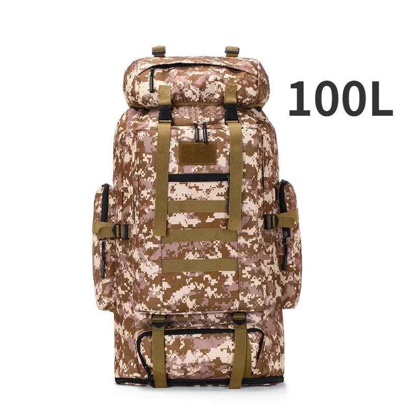 100L tactical backpack in desert camouflage, front webbing and padded shoulder straps