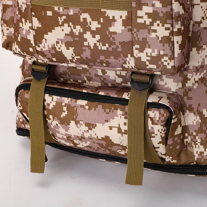 Desert camo tactical backpack close-up of front panel straps and zip pocket