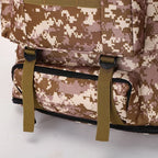 Desert camo tactical backpack close-up of front panel straps and zip pocket