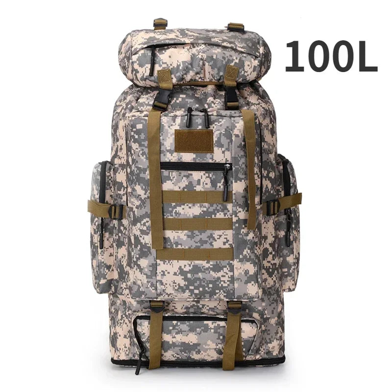 100L tactical backpack in digital desert camo with front MOLLE blocks and buckles