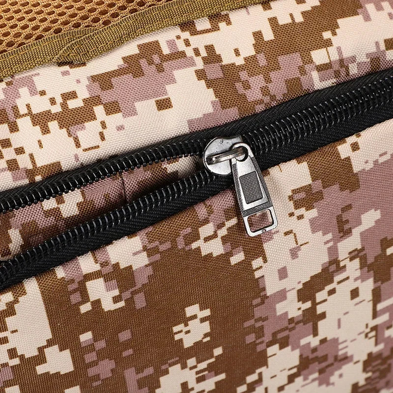 Tactical backpack main zippered compartment with metal zipper pulls.