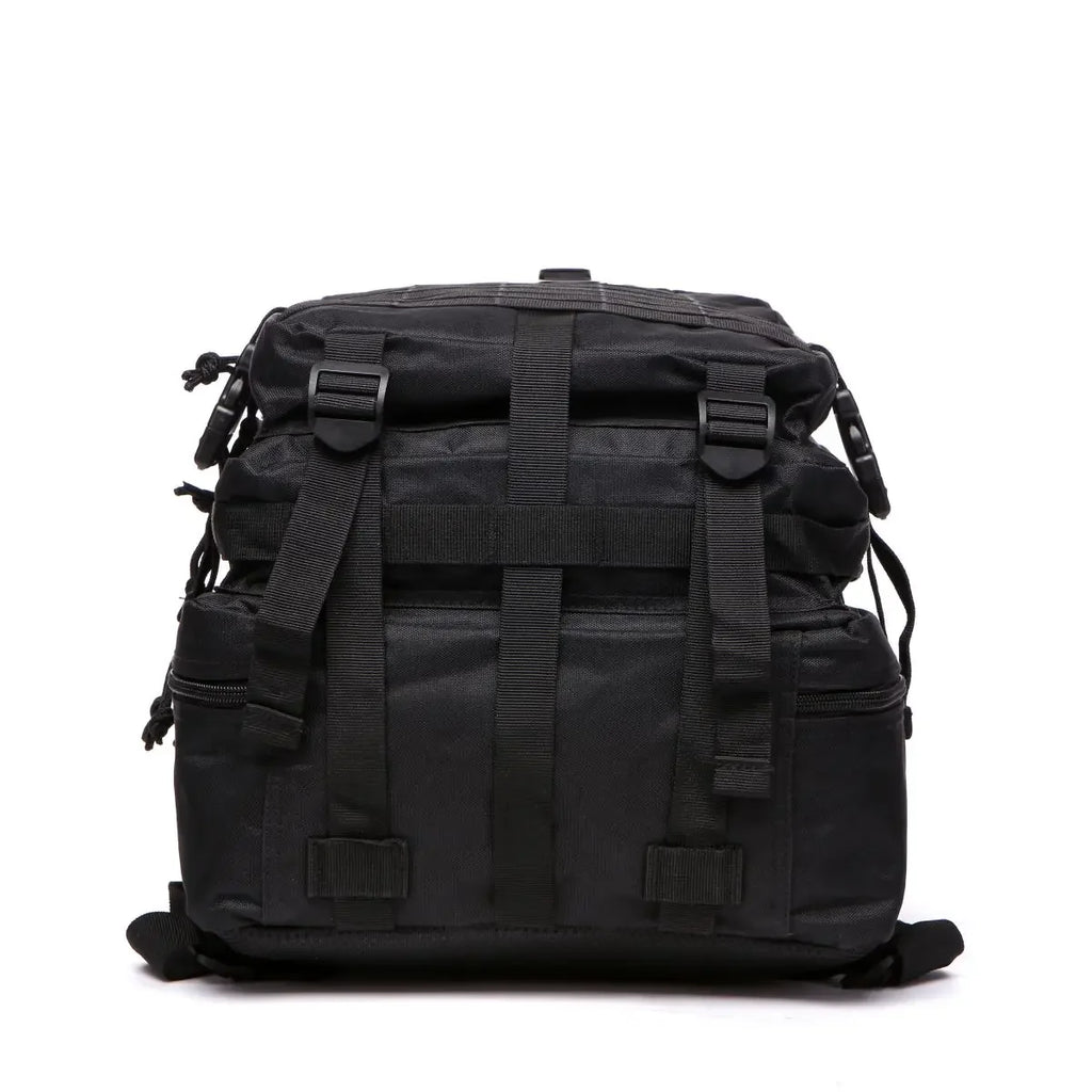 Black tactical backpack with front zip panel, MOLLE straps, and top carry handle