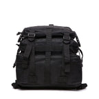 Black tactical backpack with front zip panel, MOLLE straps, and top carry handle