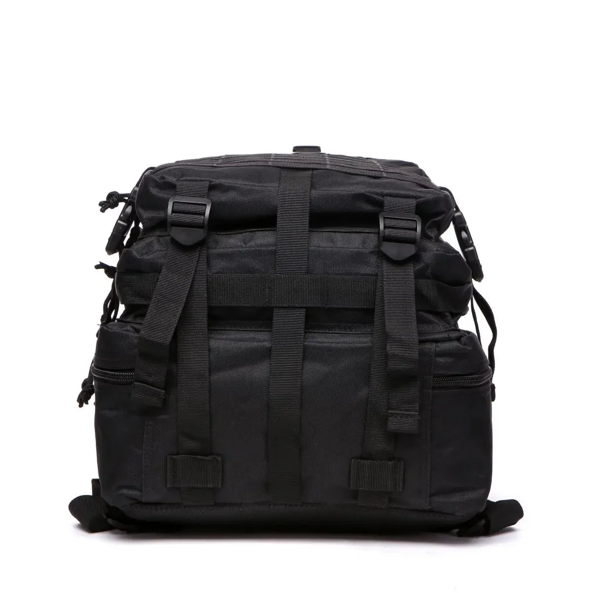 Black tactical backpack with front zip panel, MOLLE straps, and top carry handle