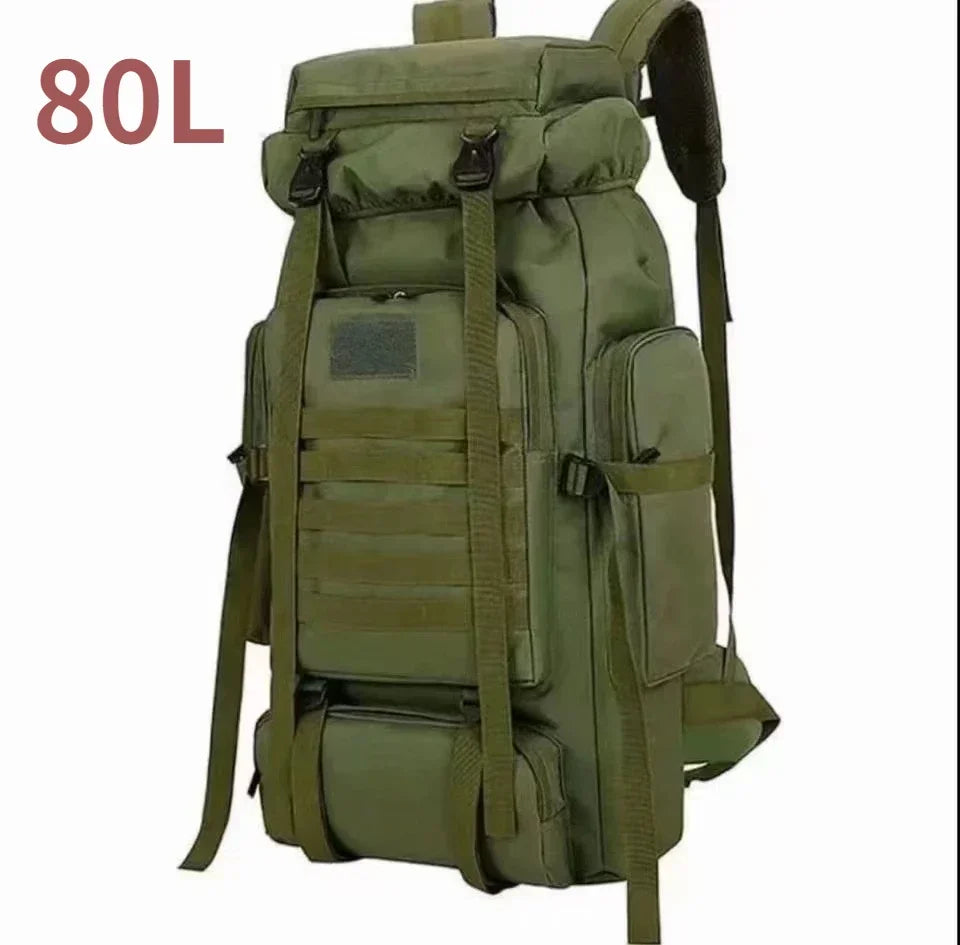 80L tactical backpack in olive green with multiple front pockets and MOLLE panels