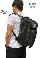 Black camouflage tactical backpack worn on back with MOLLE straps and side carry handle