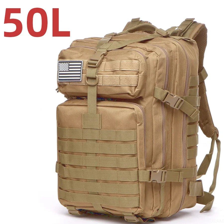 Sand tan tactical backpack with MOLLE webbing, front zip panels, adjustable shoulder straps