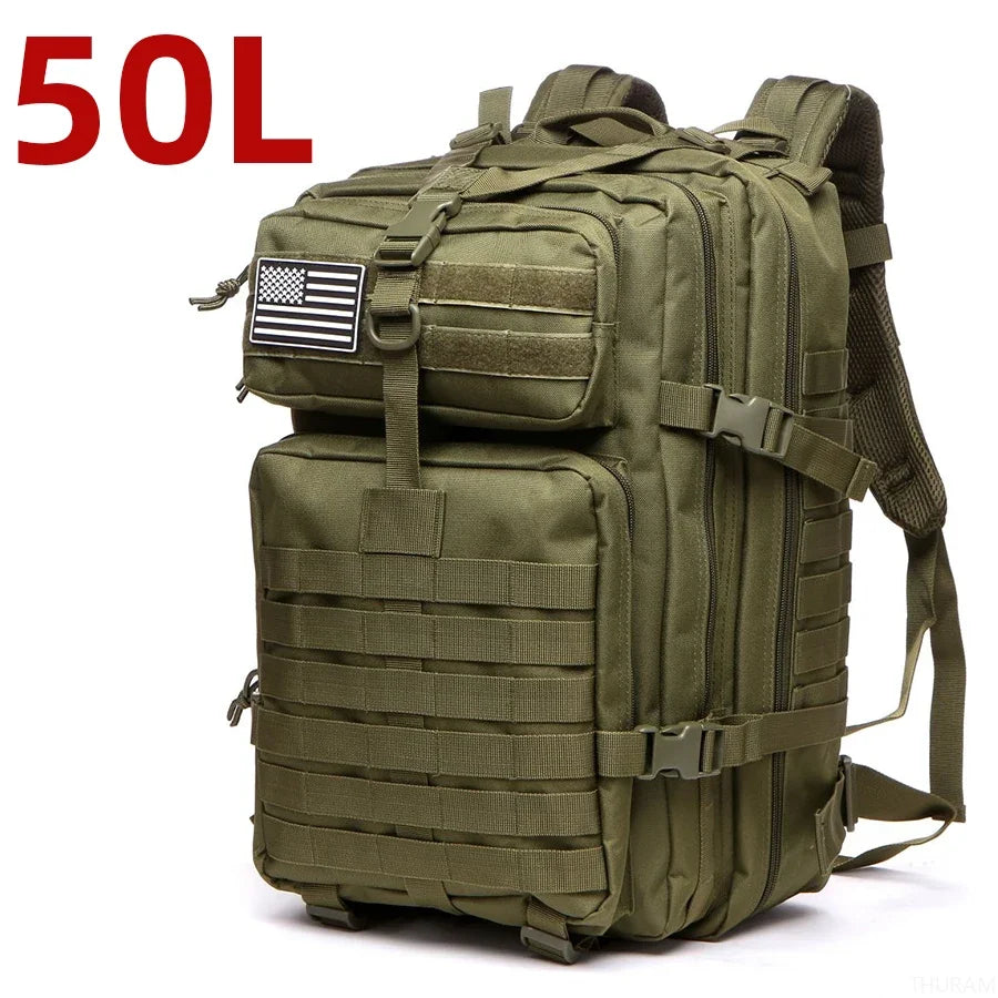 Olive green tactical backpack with MOLLE webbing, front zip panels, padded shoulder straps