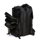 Black tactical backpack with MOLLE webbing, side pocket, and dual zip compartments