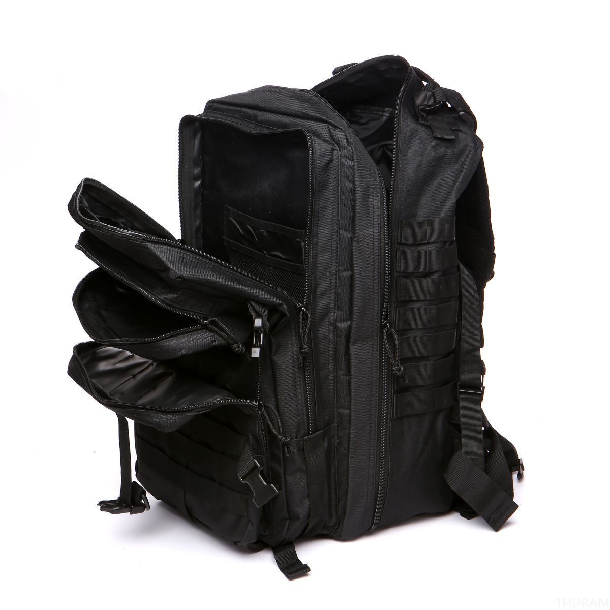 Black tactical backpack with MOLLE webbing, side pocket, and dual zip compartments