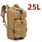 Tan tactical backpack with MOLLE webbing, front zip pocket, padded shoulder straps