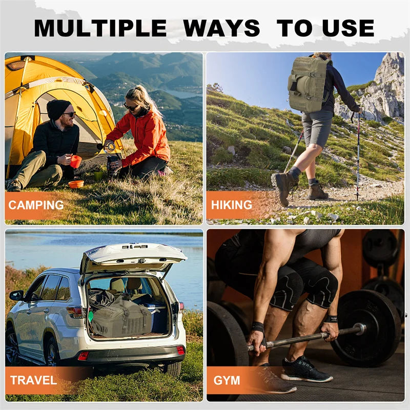 Backpack use graphic showing camping, hiking, travel, and gym panels
