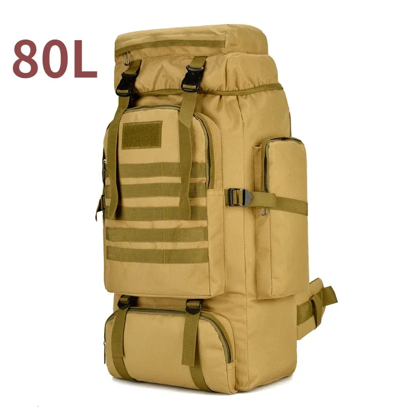 80L tactical backpack in khaki tan with side pocket and front MOLLE webbing