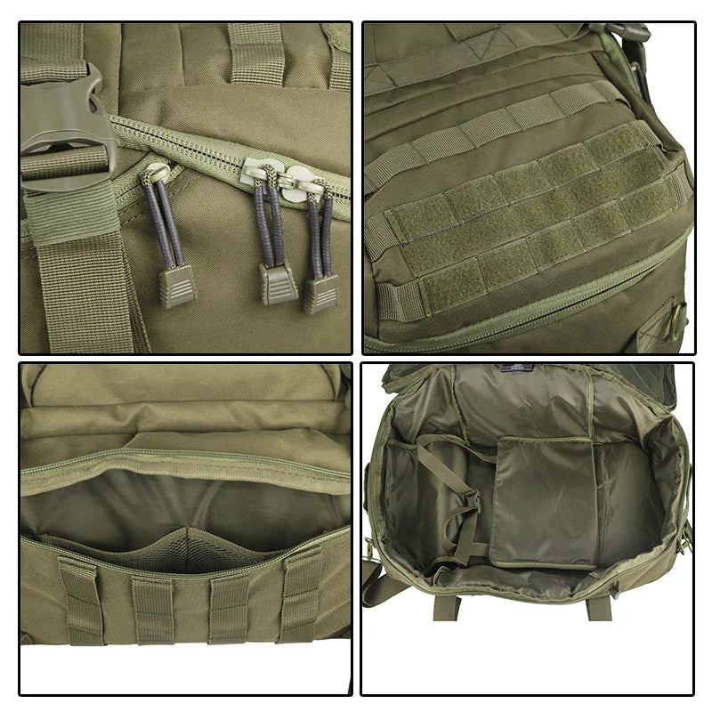 Tactical MOLLE backpack detail collage showing zippers, pockets, and interior lining
