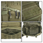Tactical MOLLE backpack detail collage showing zippers, pockets, and interior lining