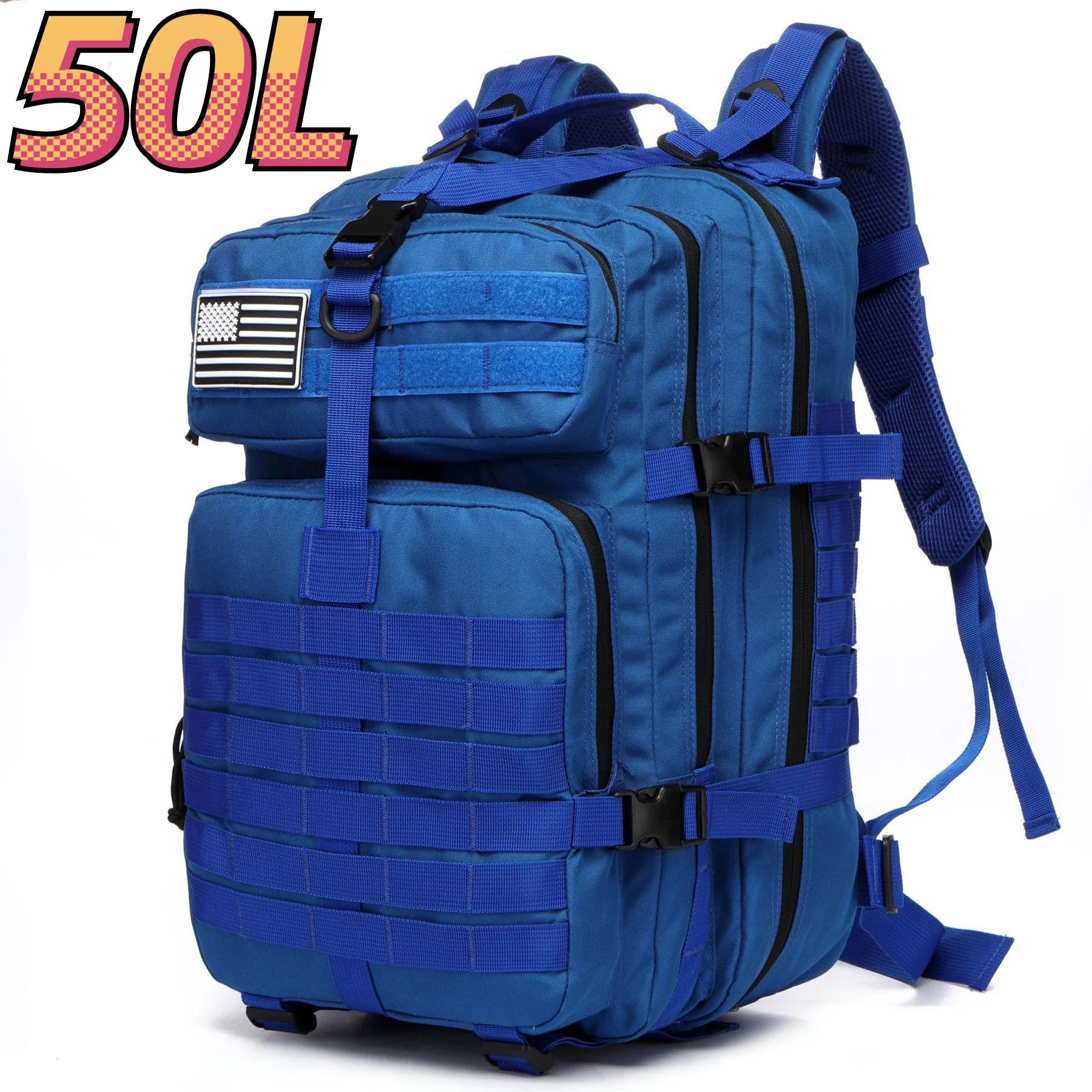 Blue tactical backpack with front zip pockets and MOLLE webbing, padded shoulder strap