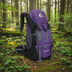 50L outdoor hiking backpack in purple with black straps and front zip pocket