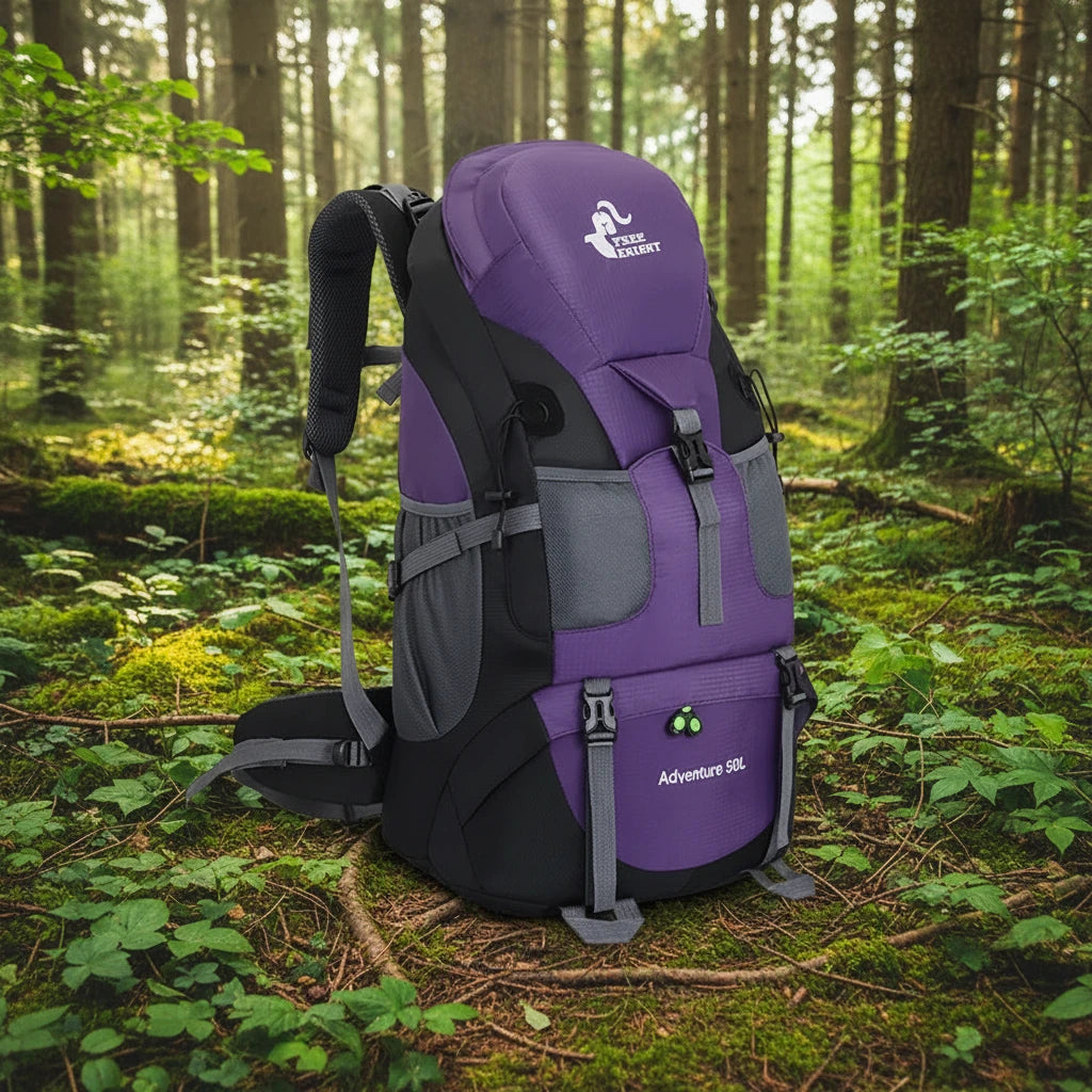 50L outdoor hiking backpack in purple with black straps and front zip pocket