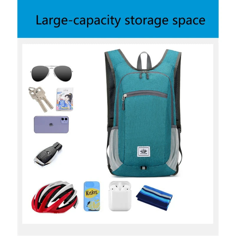 Teal backpack with various items on a white background