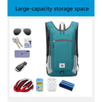 Teal backpack with various items on a white background