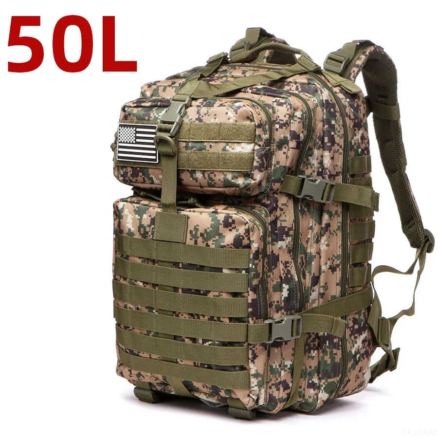Camouflage tactical backpack with MOLLE webbing, front zip panels, olive straps