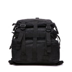 Black tactical backpack with front straps, MOLLE panels, and padded shoulder straps