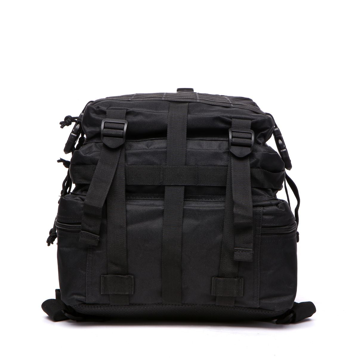Black tactical backpack with front straps, MOLLE panels, and padded shoulder straps