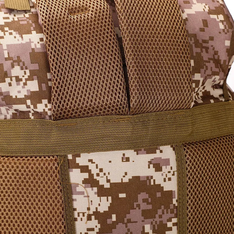 Tactical backpack side pocket with mesh panel and desert camo trim.