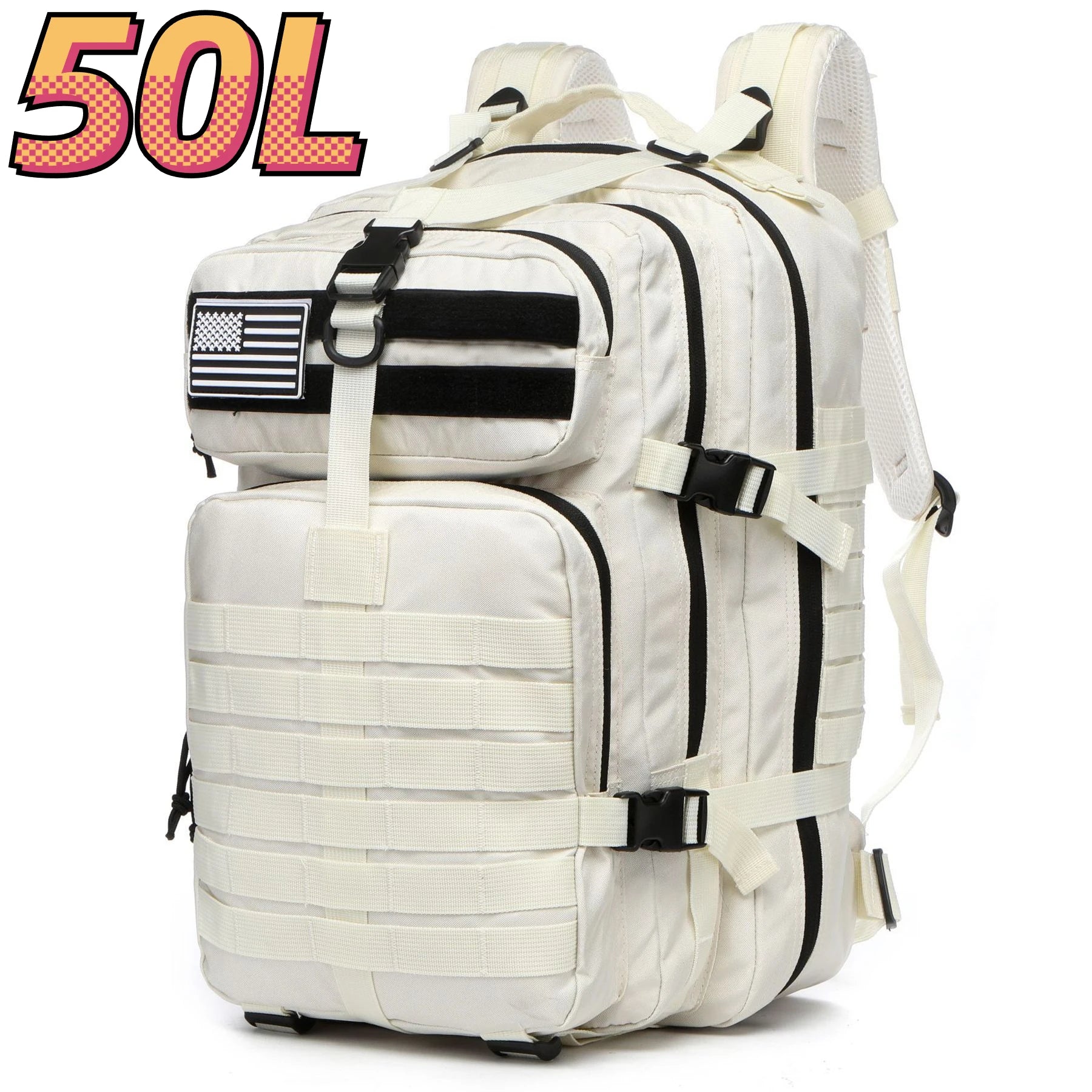 White tactical backpack with front zip compartments and MOLLE webbing, black trim
