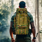 Tactical backpack with green camouflage print, padded back and webbing straps