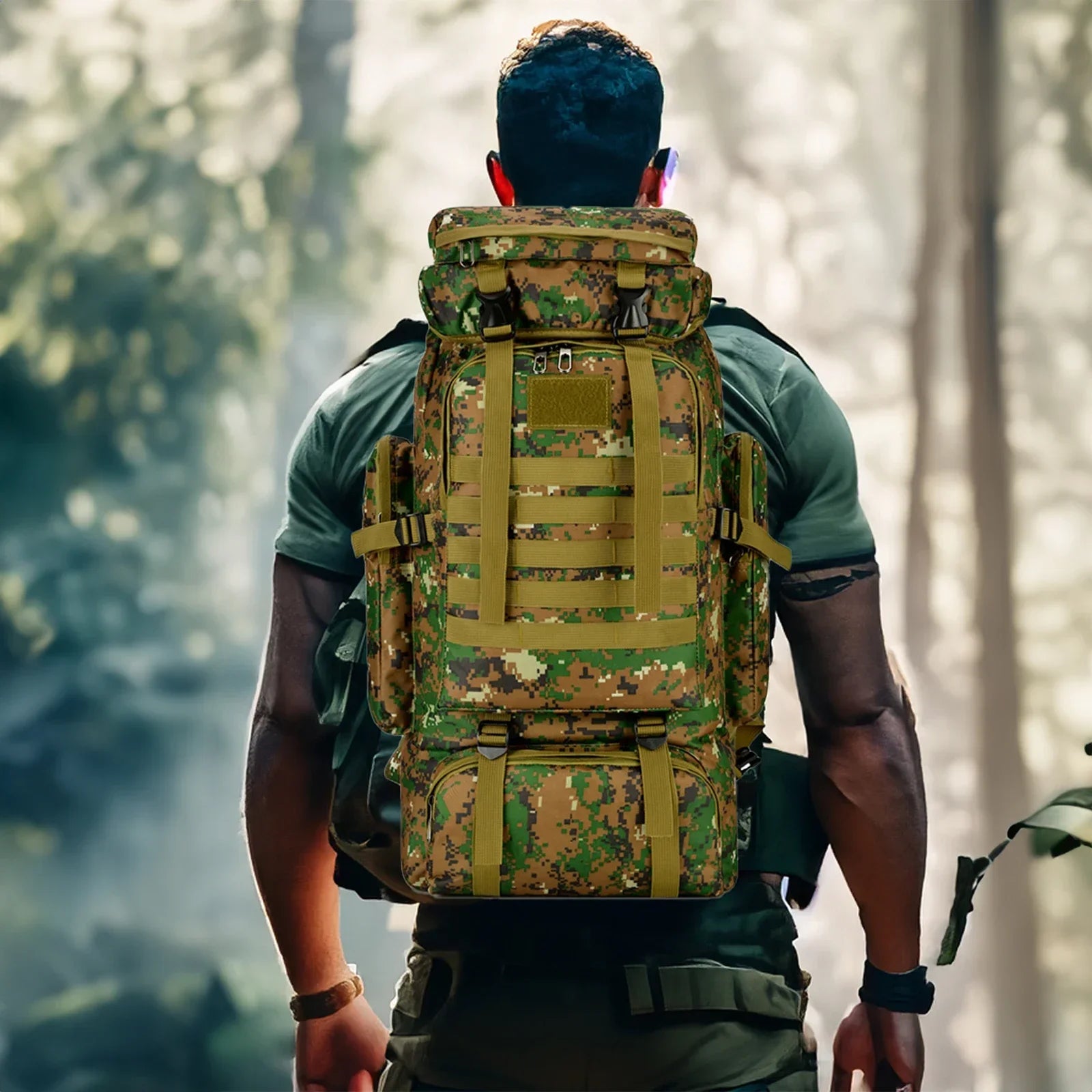Tactical backpack with green camouflage print, padded back and webbing straps
