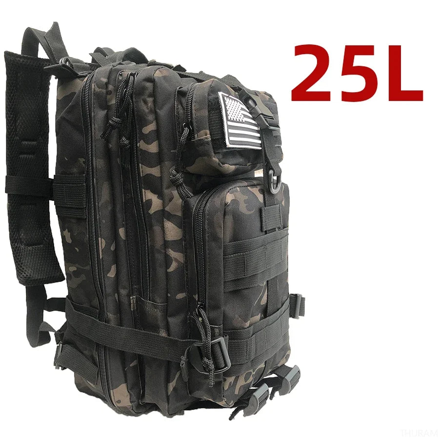 Camouflage tactical MOLLE rucksack with padded straps, front zip pockets and U.S. flag patch