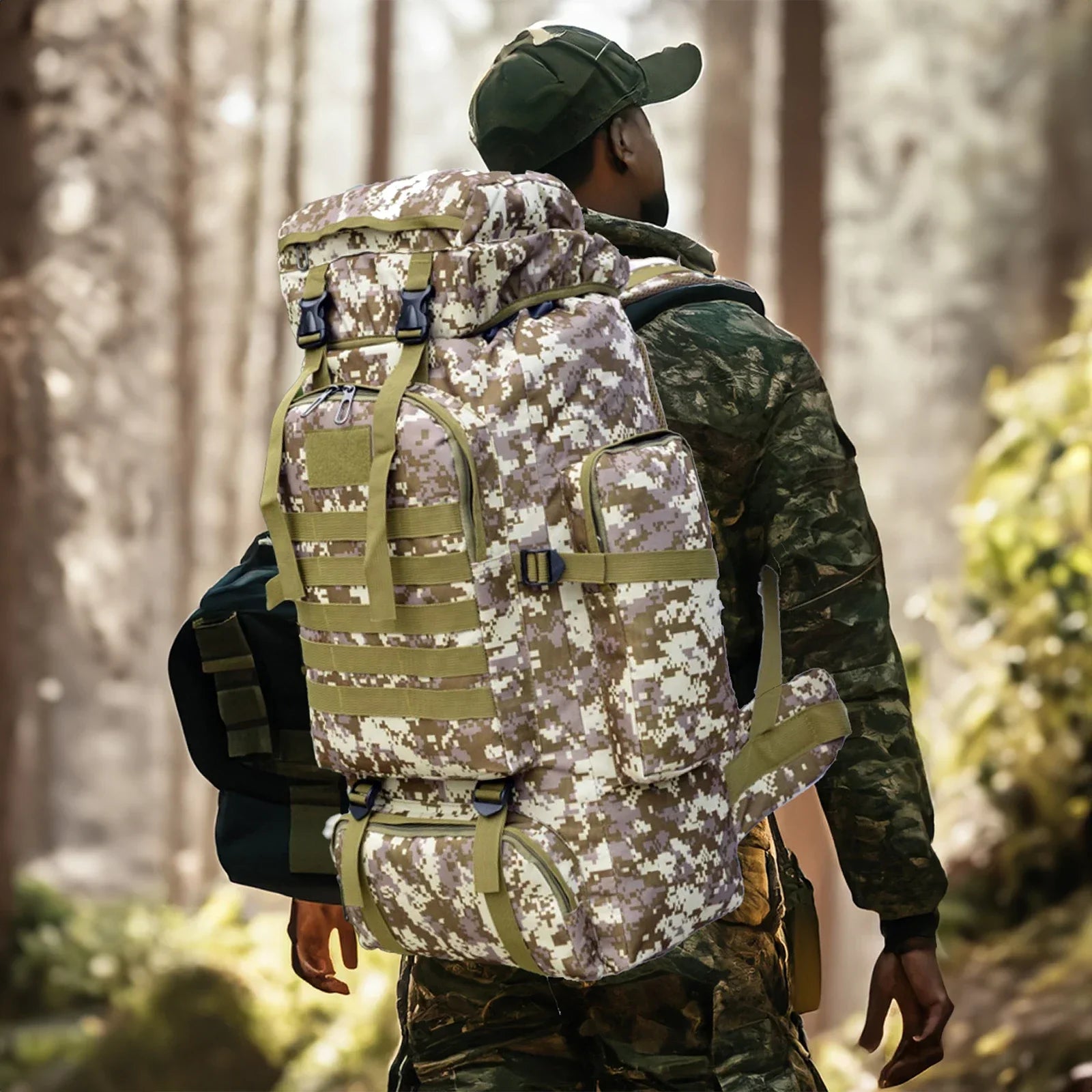 Tactical backpack in desert digital camouflage, front MOLLE panel and padded straps