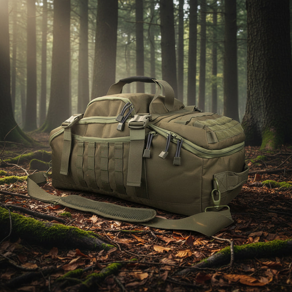 Tactical MOLLE backpack in olive green with front webbing and side carry handle