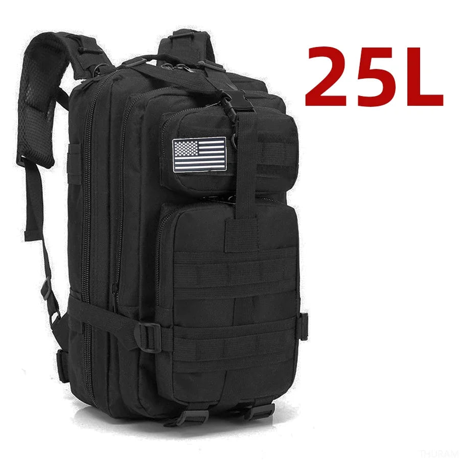 Black tactical backpack with MOLLE webbing and front zip compartments, 25L capacity style