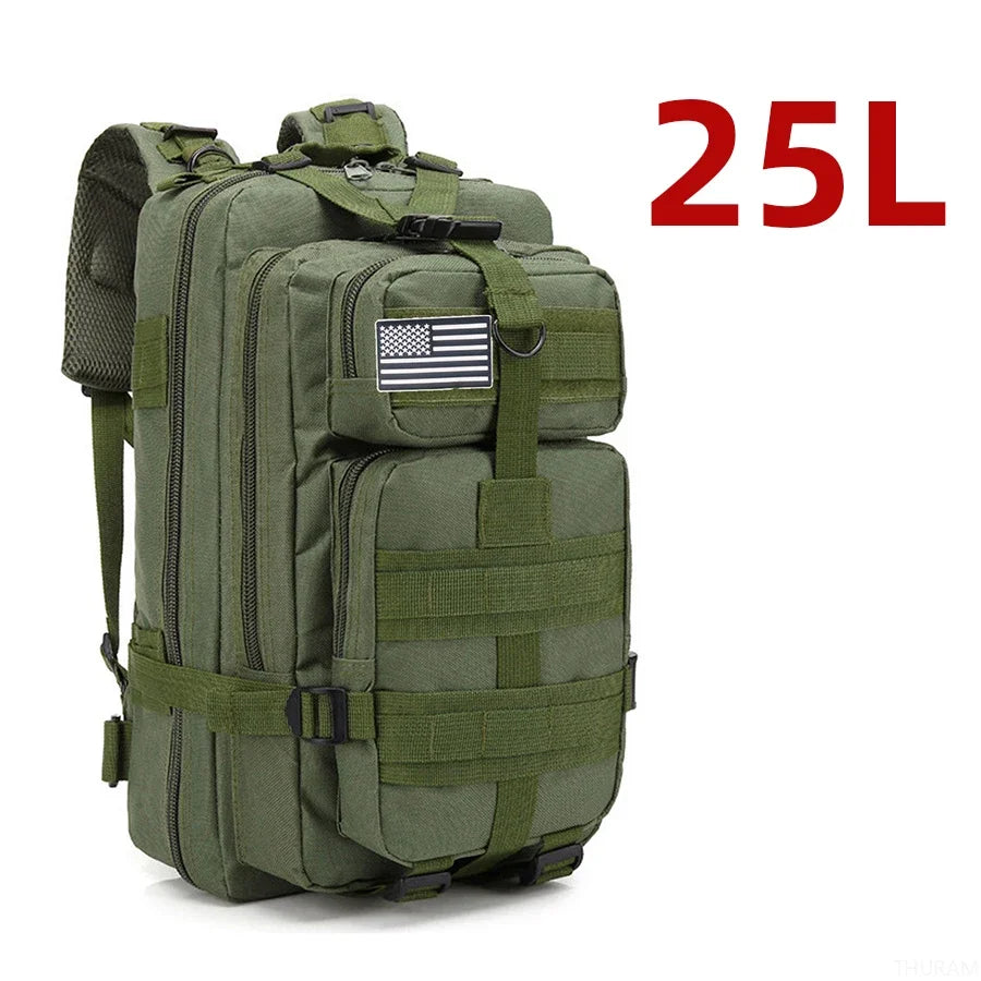 Olive green tactical MOLLE rucksack with padded shoulder straps, front pockets and U.S. flag patch