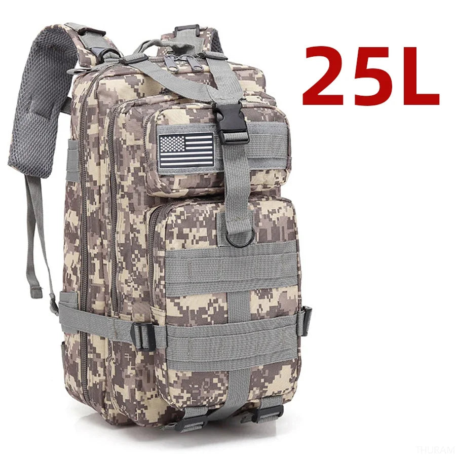 Camouflage tactical backpack with MOLLE webbing, front zip pocket, gray padded straps