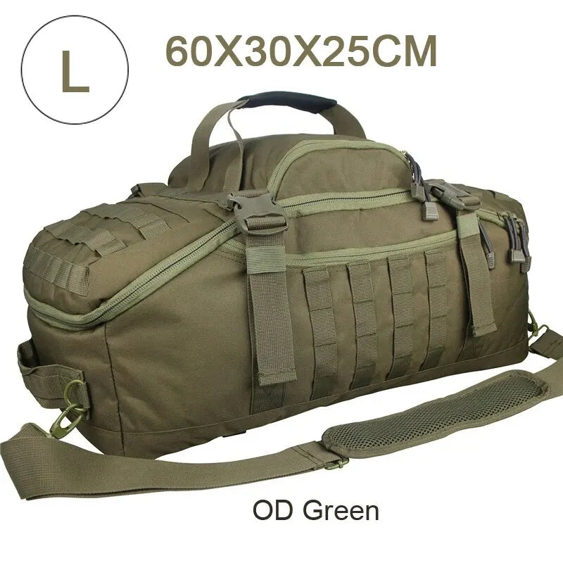 Tactical MOLLE duffel backpack in OD green with front molle webbing and side zipper pocket