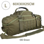 Tactical MOLLE duffel backpack in OD green with front molle webbing and side zipper pocket