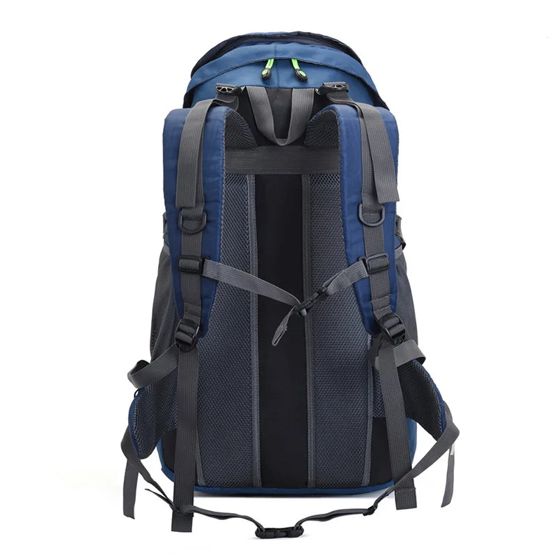 Blue hiking backpack with breathable back panel and padded shoulder straps