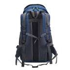 Blue hiking backpack with breathable back panel and padded shoulder straps
