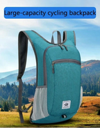 A teal and gray cycling backpack shown against a scenic outdoor mountain background, with text overlays reading 'outdoor' and 'Large-capacity cycling backpack'.