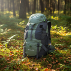 Green and black backpack with visible brand logo on a white background