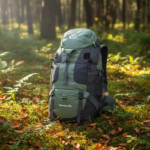 Green and black backpack with visible brand logo on a white background
