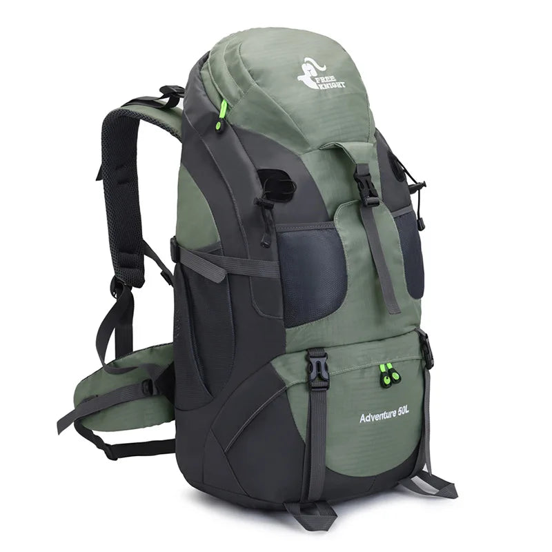 Olive green and gray 50L hiking backpack with side straps and front organization pocket