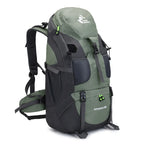 Olive green and gray 50L hiking backpack with side straps and front organization pocket