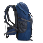 Blue hiking backpack with side mesh pocket and adjustable shoulder harness