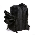 Black tactical backpack with side zip pocket and MOLLE webbing, padded carry straps