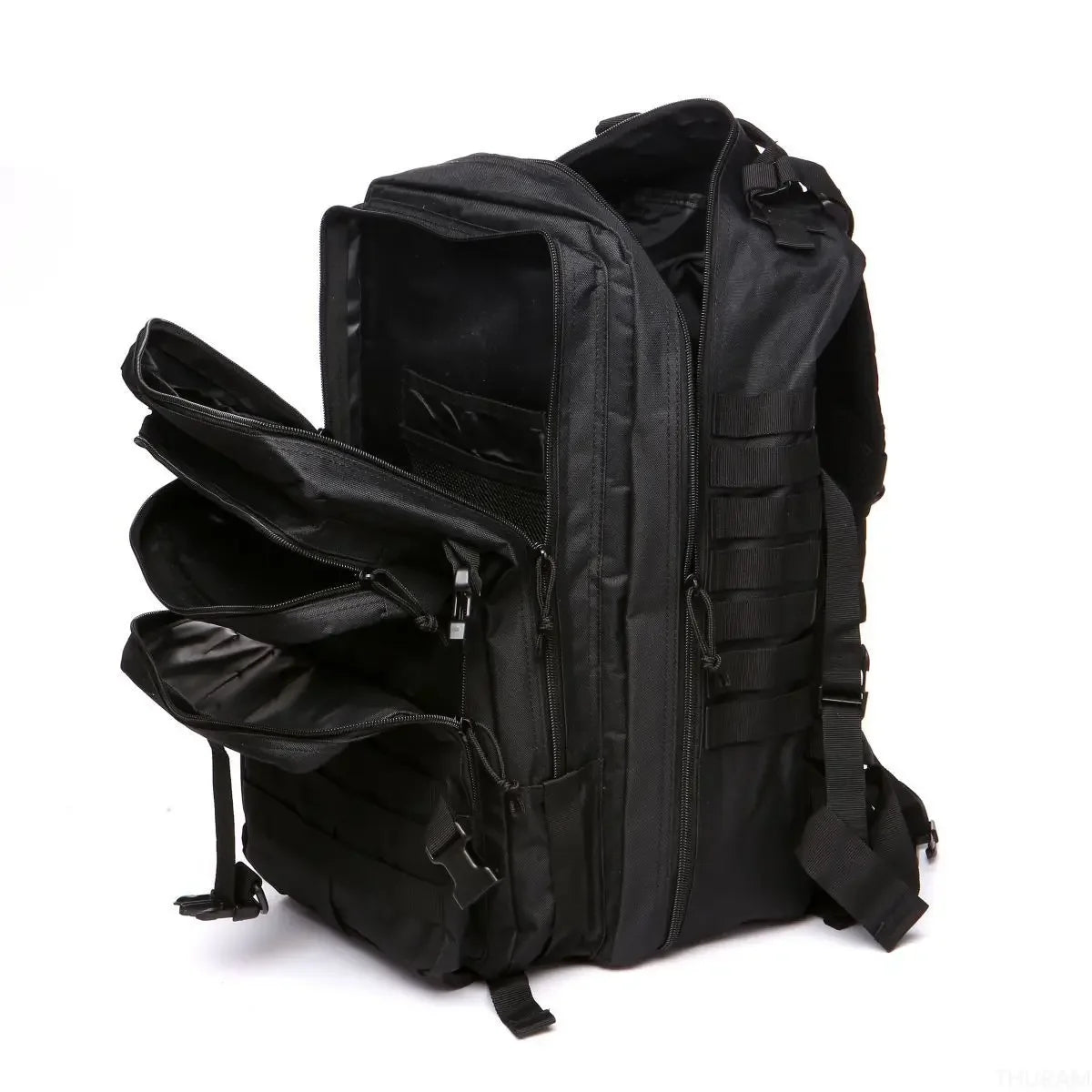 Black tactical backpack with side zip pocket and MOLLE webbing, padded carry straps
