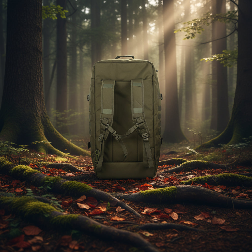 Tactical MOLLE backpack in olive green, rear view with vertical padding straps